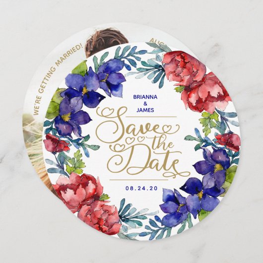 Save the date | Happiness Waterverf Floral Kaart (Voorkant / Achterkant)