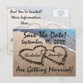 Save The Date Hearts Sand Beach Bruiloft Briefkaar Aankondigingskaart (Voorkant / Achterkant)