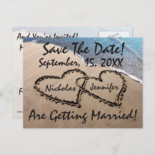 Save The Date Hearts Sand Beach Bruiloft Briefkaar Aankondigingskaart (Voorkant / Achterkant)
