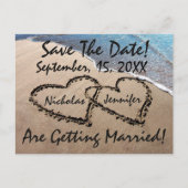 Save The Date Hearts Sand Beach Bruiloft Briefkaar Aankondigingskaart (Voorkant)
