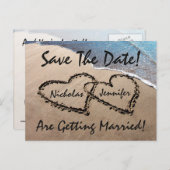 Save The Date Hearts Sand Beach Bruiloft Briefkaar Aankondigingskaart (Voorkant / Achterkant)