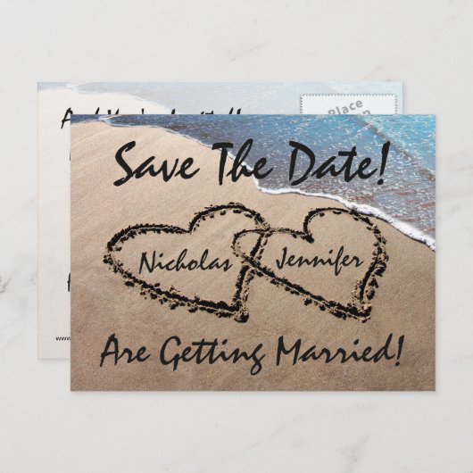 Save The Date Hearts Sand Beach Bruiloft Briefkaar Aankondigingskaart (Voorkant / Achterkant)