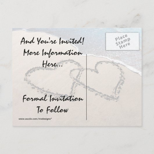 Save The Date Hearts Sand Beach Bruiloft Briefkaar Aankondigingskaart (Achterkant)
