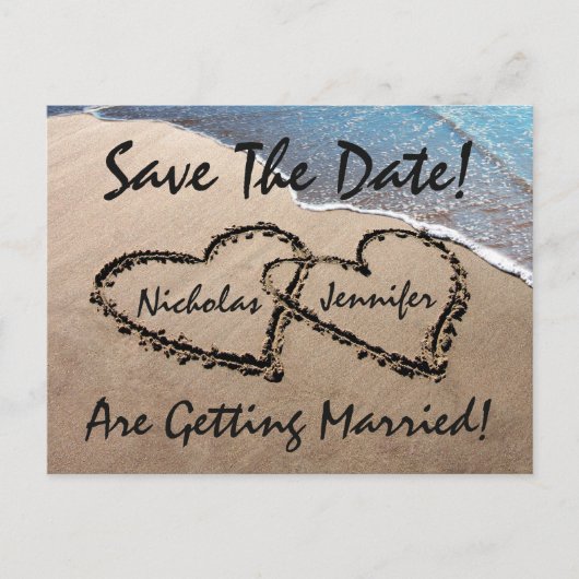 Save The Date Hearts Sand Beach Bruiloft Briefkaar Aankondigingskaart (Voorkant)