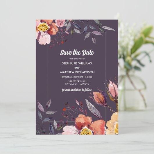 Save the date. Herfst Bloemen Plum Bruiloft Kaart (Staand voorkant)