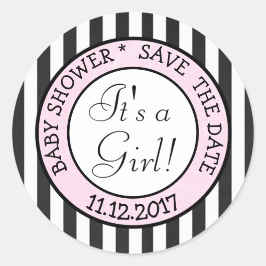 Save the Date, Het is een meisje Baby shower Stick Ronde Sticker (Voorkant)