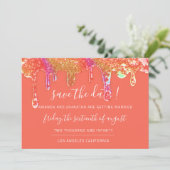 Save The Date Holografische druppels Sinaasappel C (Staand voorkant)