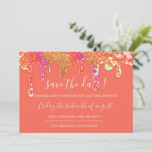 Save The Date Holografische druppels Sinaasappel C (Staand voorkant)