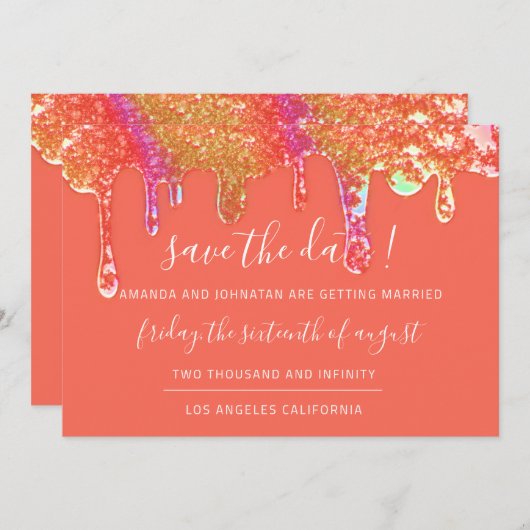 Save The Date Holografische druppels Sinaasappel C (Voorkant / Achterkant)