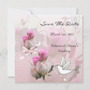 Save The Date Huwelijk Roze Witte Bloemen Duif