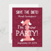 Save the Date I'm One Birthday Party W01A WIJN ROO Aankondigingskaart (Voorkant / Achterkant)