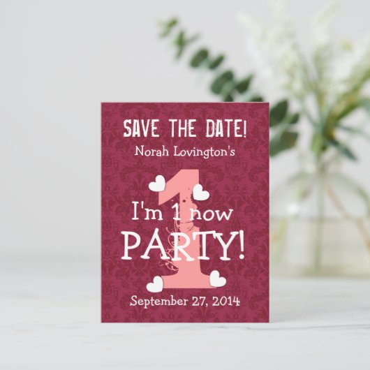 Save the Date I'm One Birthday Party W01A WIJN ROO Aankondigingskaart (Staand voorkant)