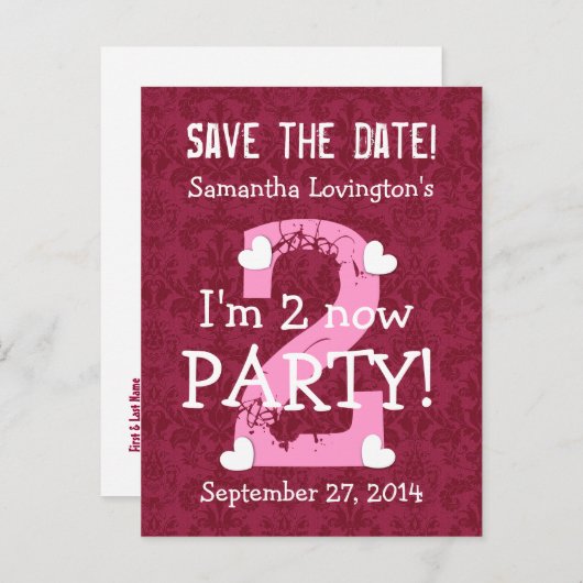 Save the Date I'm Two Birthday Party V09A WIJN ROO Aankondigingskaart (Voorkant / Achterkant)