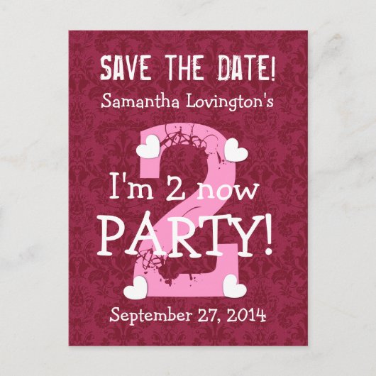 Save the Date I'm Two Birthday Party V09A WIJN ROO Aankondigingskaart (Voorkant)