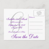 Save the Date, Initiaal, Monogram, Zwart, Paarse Aankondigingskaart (Achterkant)