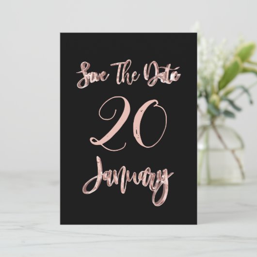 Save The Date Januari Feest Black Rose Goud Schrif (Staand voorkant)