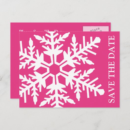 Save The Date Jumbo Snowflake (Donkerroze / Wit) Aankondigingskaart (Voorkant / Achterkant)