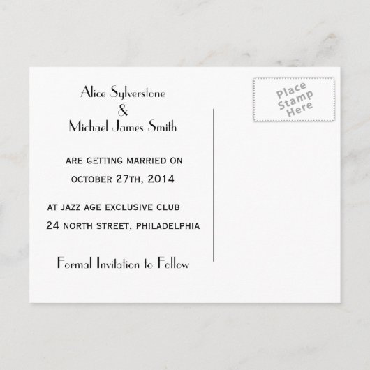 SAVE THE DATE kaart jazz leeftijd bruiloft uitnodi (Achterkant)