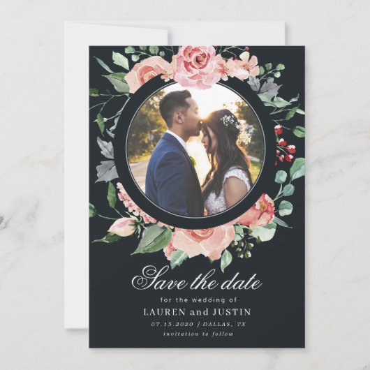 Save the Date kaart met foto en bloemmotief midder (Voorkant)