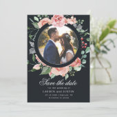 Save the Date kaart met foto en bloemmotief 'Midni (Staand voorkant)