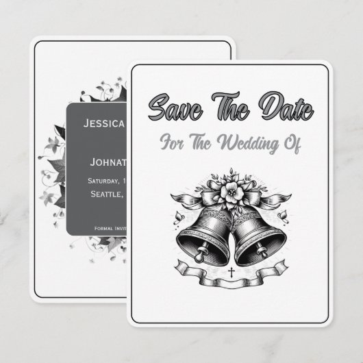Save The Date Kaart Monochrome Trouwklokken (Voorkant / Achterkant)