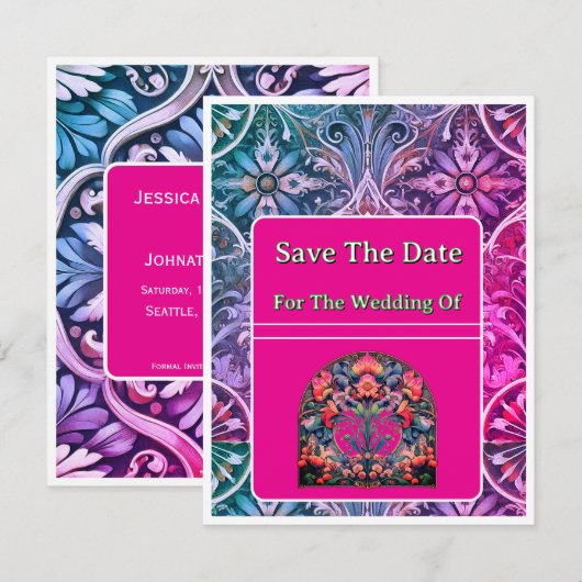 Save The Date Kaart Roze/Blauw Patroon (Voorkant / Achterkant)