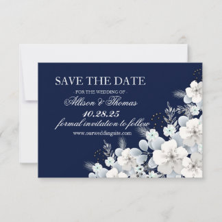 Save the date kaart witte bloem sakura donkerblauw