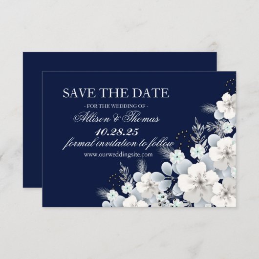 Save the date kaart witte bloem sakura donkerblauw (Voorkant / Achterkant)