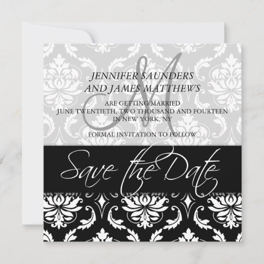 Save the Date Kaarten Zwarte Damask Monogram Namen (Voorkant)