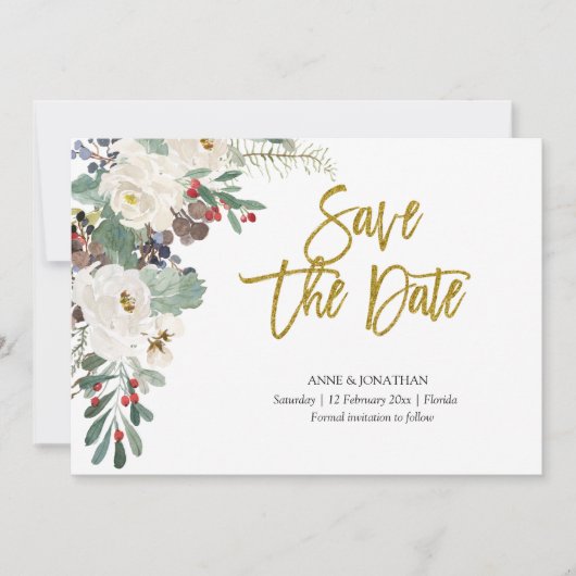 Save the Date Kerstmis Bloemen Uitnodiging (Voorkant)
