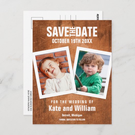 Save the Date Kindertijd Foto's Boho  Hout Briefkaart (Voorkant / Achterkant)