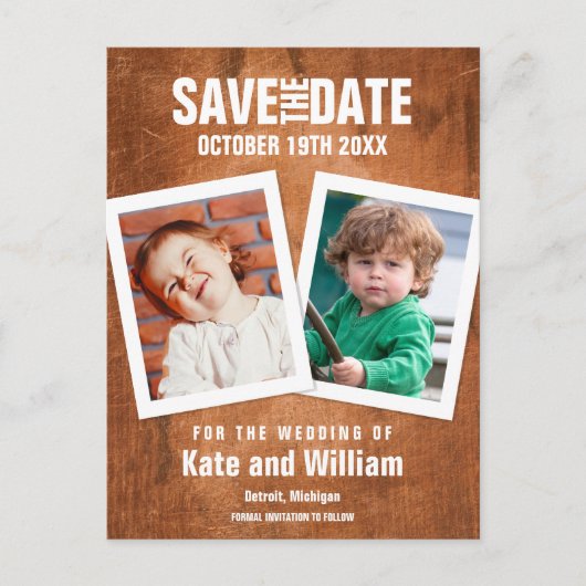 Save the Date Kindertijd Foto's Boho  Hout Briefkaart (Voorkant)