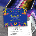 Save the Date Kleurrijke Mexicaanse Fiesta Royal B Aankondigingskaart<br><div class="desc">Sla het Date-Briefkaart op dat u kunt aanpassen aan elke gelegenheid. Het Mexicaanse fiesta bloemenontwerp heeft een overvloed aan kleurrijke bloemen op de voorkant met handgeschreven geborstelde typografie in geel, op een koningsblauwe achtergrond. De sjabloon is opgezet voor u om het briefkaart te personaliseren met uw speciale datum, uw gelegenheid...</div>