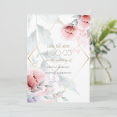 Save the date | Koraal/Lila Aquarelle Peony (Staand voorkant)