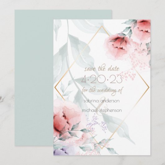 Save the date | Koraal/Lila Aquarelle Peony (Voorkant / Achterkant)