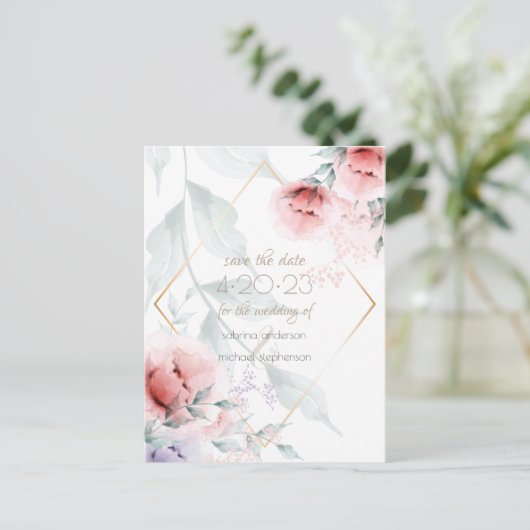 Save the date | Koraal/Lila Aquarelle Peony Briefkaart (Staand voorkant)