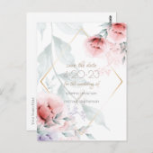 Save the date | Koraal/Lila Aquarelle Peony Briefkaart (Voorkant / Achterkant)