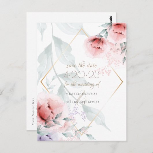 Save the date | Koraal/Lila Aquarelle Peony Briefkaart (Voorkant / Achterkant)
