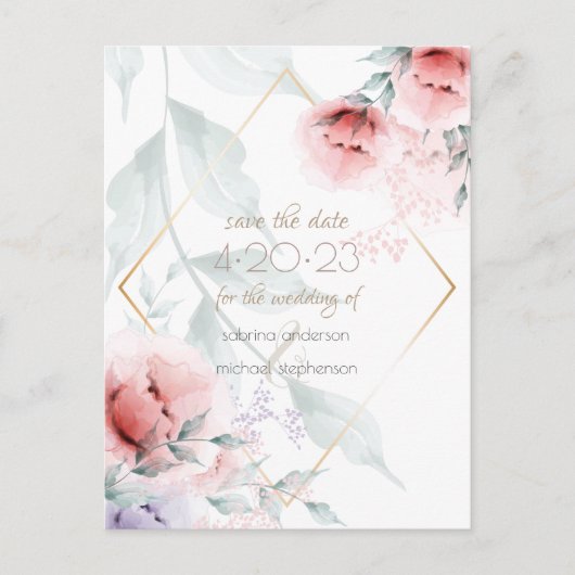 Save the date | Koraal/Lila Aquarelle Peony Briefkaart (Voorkant)