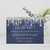 Save The Date Kraft Zilver Grijs Drip Blauw Navy (Staand voorkant)