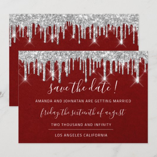 Save The Date Kraft Zilveren Druipende Rode Wijn (Voorkant / Achterkant)