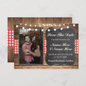 Save The Date Krijt Hout Rustieke Rode Geruite Fot (Voorkant / Achterkant)