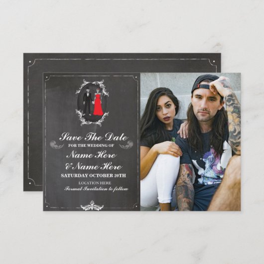 Save The Date Krijt Schedels Foto Kaart Gothic (Voorkant / Achterkant)