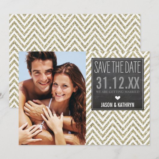 SAVE THE DATE krijtbord chevron glitterschrift oud (Voorkant / Achterkant)