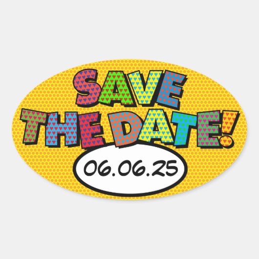 SAVE THE DATE Leuk Retro Stripboek Pop Art Ovale Sticker (Voorkant)