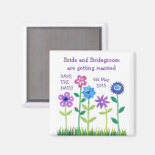 'Save the Date' Magneet, roze en blauwe bloemen Magneet (Voorkant / Achterkant)