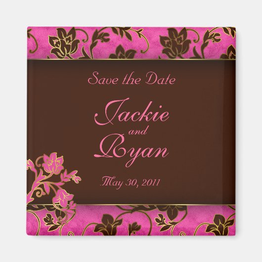 Save the Date Magnet Goud Bloemen Roze Bruin (Voorkant)