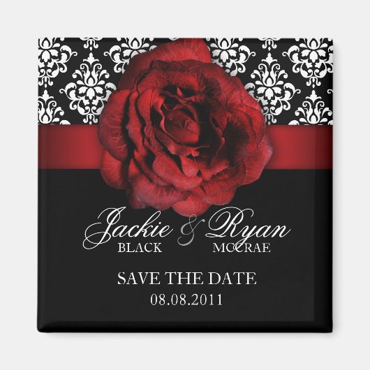 Save the Date Magnet Red Rose Damask (Voorkant)