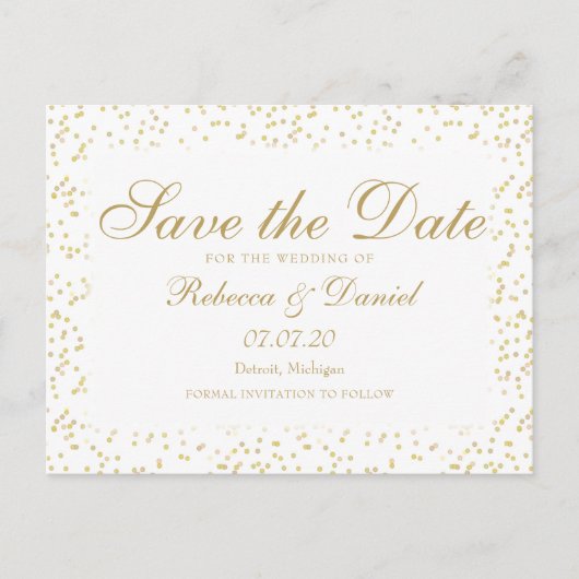 Save the Date met goud stof confetti script Aankondigingskaart (Voorkant)