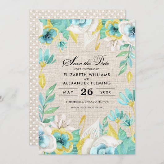 Save the date. Mint Floral Wedding Announements Kaart (Voorkant / Achterkant)